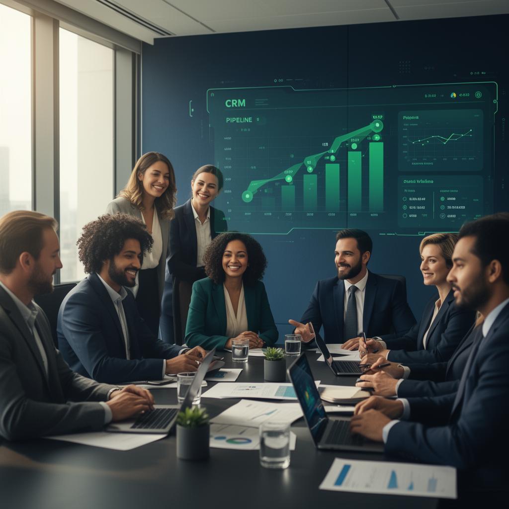 Equipe corporativa em ambiente executivo com painel de CRM